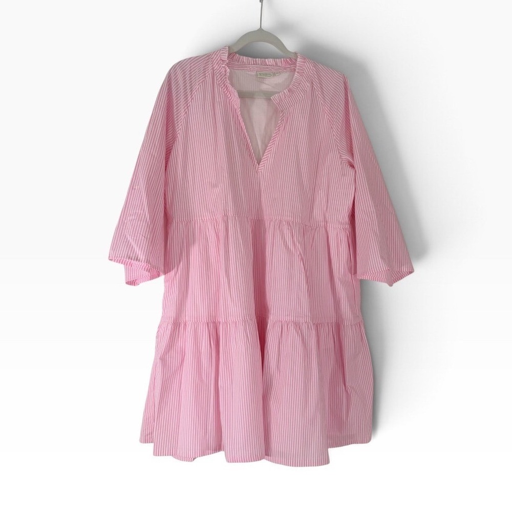 Spartina 449 Pink White Striped Tiered Ruffle Neck Shift Dress XXL